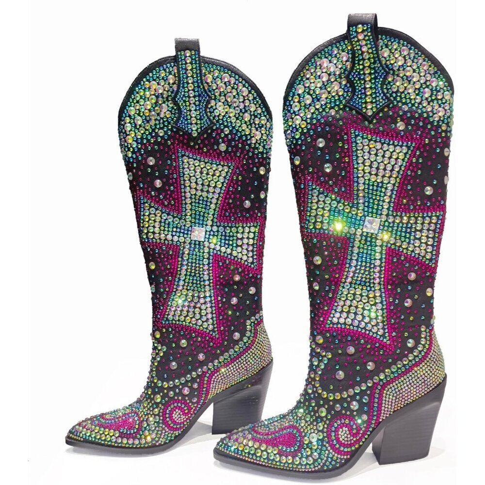 Women's Blue Fashion Rhinestone Cross Western Knee-High Cowboy Faux Leather Boot